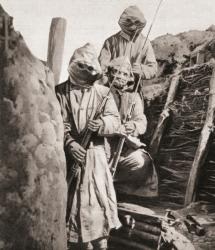 French infantrymen during WWI wearing respirators to protect them against German poison gas, from 'The Illustrated War News', 1915 (b/w photo) | Obraz na stenu