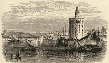 The Golden Tower, Seville, Spain, from 'Spanish Pictures' by Reverend Samuel Manning, published in 1870 (engraving) | Obraz na stenu