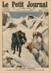 An heroic round, an Alpine postman rescuing a traveller stuck in the snow, front cover illustration from 'Le Petit Journal', supplement illustre, 18th January 1914 (colour litho) | Obraz na stenu