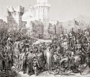 The surrender of Acre to Philip II of France, called Philip Augustus, during the Third Crusade, from L'Histoire Universelle Ancienne et Moderne, published in Strasbourg c.1860 (engraving) | Obraz na stenu