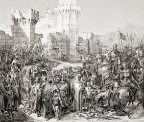 The surrender of Acre to Philip II of France, called Philip Augustus, during the Third Crusade, from L'Histoire Universelle Ancienne et Moderne, published in Strasbourg c.1860 (engraving) | Obraz na stenu