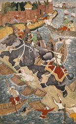 Akbar Tames the Savage Elephant, Hawa'i, Outside the Red Fort at Agra, miniature from the Akbarnama of Abul Fazl, c.1590 (left hand side of double page miniature, see 4042) (gouache on paper) | Obraz na stenu