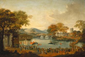 Procession by a lake (oil on fabric) | Obraz na stenu
