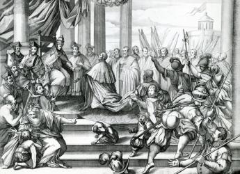 Pope Alexander III (1105-81) offering Doge Sebatiano Ziani (d.1178) the blessed (engraving) | Obraz na stenu