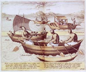 Boats in Goa, illustration from 'Jan Hughen van Linschoten, His Discourse of Voyages into the East and West Indies', 1579-92 (engraving) | Obraz na stenu
