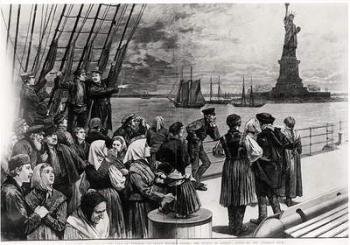 New York - Welcome to the land of freedom - An ocean steamer passing the Statue of Liberty - scene on the steerage deck, illustration from 'Frank Leslie's Illustrated Newspaper', July 2nd 1887 (engraving) (b&w photo) | Obraz na stenu
