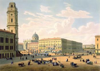 The Catholic Church and Mikhailovskaya Street in St. Petersburg, printed by J. Jacottet and Regamey, published by Lemercier, Paris, 1850s (colour litho) | Obraz na stenu