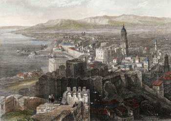 View of Malaga, Spain (coloured engraving) | Obraz na stenu