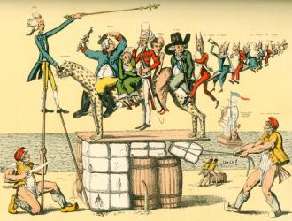 A complex French satirical cartoon from the revolutionary era aimed against English royal family. La Charlatan Politiique ou Le Léopard Apprivoisé, The Political Charlatan or The Leopard Tamed. From a contemporary print. | Obraz na stenu