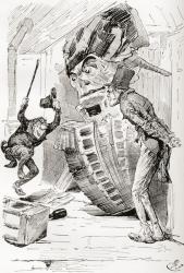 Quilp Vents his Spite on the Figure Head. " Sampson Brass had never seen anything in the smallest degree resembling this substantial phantom. The dwarf threw down the newspaper, and seizing a rusty iron bar, dealt the figure such a stroke on the nose that | Obraz na stenu