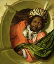 Portrait of a Moor holding a flag at a window (oil on panel) | Obraz na stenu