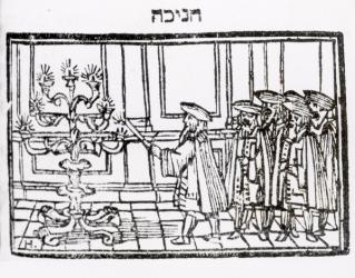 Lighting the Menorah (woodcut) (b/w photo) | Obraz na stenu