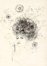 girl with dandelion , 2013, black ink, pencil, old paper | Obraz na stenu