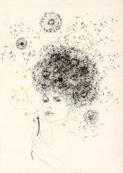 girl with dandelion , 2013, black ink, pencil, old paper | Obraz na stenu