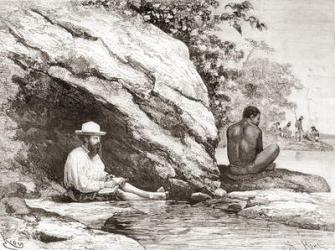 Jules Crevaux, during his exploration of French Guiana in 1878, in the shade of a rock on the banks of the Oyapock or Oiapoque River (engraving) | Obraz na stenu