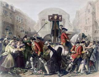 View of Daniel Defoe (1660-1731) in the pillory at Temple Bar surrounded by a crowd (coloured engraving) (see also 230551) | Obraz na stenu
