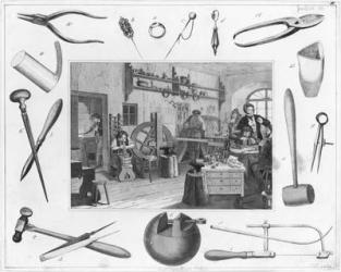 Workshop and main tools of jewellery, 1810 (engraving) (b/w photo) | Obraz na stenu