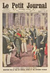 Reception of General Joseph Joffre (1852-1931) by Nicolas II (1894-1917) at the Peterhof Palace, from 'Le Petit Journal', 17th August 1913 (coloured engraving) | Obraz na stenu