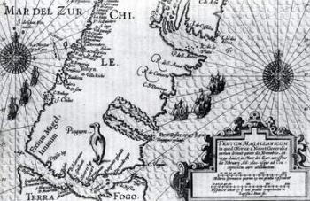 Map of the Strait of Magellan, plate from Oliver van Noort's description of his voyage, 1602 (engraving) | Obraz na stenu