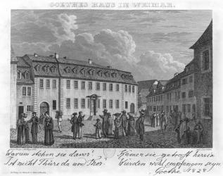 The house of Johan Wolfgang von Goethe (1749-1832) in Weimar, engraved by Ludwig Schutze (1807-72) 1827-28 (engraving) (b/w photo) | Obraz na stenu