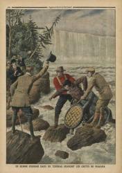 A man in a barrel crossing the Niagara Falls, illustration from 'Le Petit Journal', supplement illustre, 9th October 1910 (colour litho) | Obraz na stenu