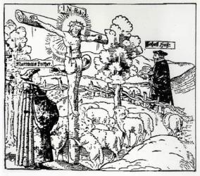 Luther (1483-1546) and Hus (1369-1415) with Christ in the Sheepfold, c.1520-21 (woodcut) (b/w photo) | Obraz na stenu
