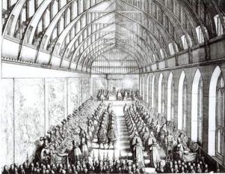 Garter Feast in St. George's Hall, Windsor, in the time of Charles II, 1672 (engraving) | Obraz na stenu