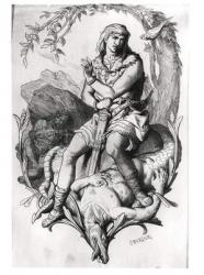 Siegfried and the Dragon with the Magic Bird (engraving) (b/w photo) | Obraz na stenu