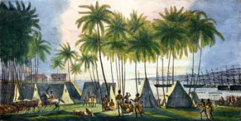 Port of Hanarourou in the Sandwich Islands, from 'Voyage Pittoresque autour du Monde', engraved by G. Langlume (fl.1822-40) 1822 (colour litho) | Obraz na stenu