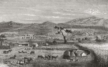 A settlement in Kouihara, West Africa, illustration from 'The World in the Hands', published 1878 (engraving) | Obraz na stenu