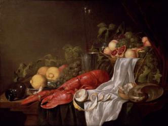 Still life of fruit and a lobster on a cloth-draped table (oil on canvas) | Obraz na stenu