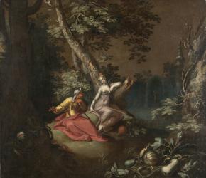 Landscape with Vertumnus and Pomona, c.1595-1600 (oil on canvas mounted on board) | Obraz na stenu