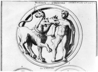 Cerberus Tamed by Hercules (engraving) (b/w photo) | Obraz na stenu
