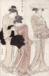 Young woman wearing a wide straw hat, followed by a servant and a companion carrying a 'furoshiki', from the series 'Fuzoku Azuma no nishiki' (The Fashionable Beauties of Edo) 1783 (colour woodblock print) | Obraz na stenu