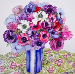 Anemones in a Striped Pot, 2015, watercolour on hand made paper | Obraz na stenu