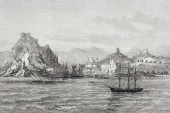 Insurgent ship visiting Aguilas Murcia Province with requisitions during Third Carlist War, from 'The Illustrated London News', 4th October 1873 (litho) | Obraz na stenu