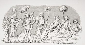Hunting meal, reproduction of a miniatuare in the 14th century manuscript Livre de Roy du Modus' by Henri de Ferrieres, from 'Le Moyen Age et La Renaissance' by Paul Lacroix (1806-84) published 1847 (litho) | Obraz na stenu