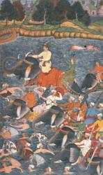 Emperor Akbar (r.1556-1605) crossing the River Ganges in 1567, from the 'Akbarnama' made by Abu'l Fazi, 1590-98 (opaque w/c & gold on paper) | Obraz na stenu