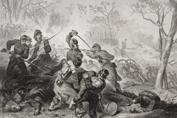 Death of Colonel Edward D. Baker (1811-61) at the Battle of Balls Bluff, Virginia, 1861 (litho) | Obraz na stenu