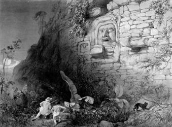 Head of Itzam Na, Izamal, Yucatan, Mexico, 1844 (litho) (b/w photo) | Obraz na stenu