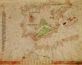 The Iberian Peninsula and the north coast of Africa, from a nautical atlas, 1520 (ink on vellum) (detail from 330910) | Obraz na stenu