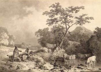 Figures by a stream with cattle watering (grey washes over pencil on laid paper) | Obraz na stenu