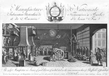 The only manufacture in France of good razors of melted steel in the same manner as that of Sheffield in England, Yorkshire, late 18th century (see also 248209) (engraving) (b/w photo) | Obraz na stenu