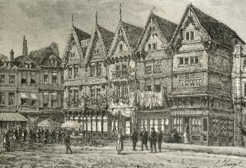 Old houses in Valenciennes, France, in the 19th century, from 'French Pictures' by Rev. Samuel G. Green, published 1878 (litho) | Obraz na stenu