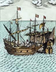 A Spanish Treasure Ship Plundered by Francis Drake (c.1540-96) in the Pacific (engraving) (later colouration) | Obraz na stenu