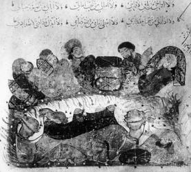 Ms.arabe 5847 fol.11 A Caravan Rest, from 'Le Maqamat de al'Hariri' by Yaya ibn Mahmud al-Wasiti (gouache on paper) (b/w photo) | Obraz na stenu