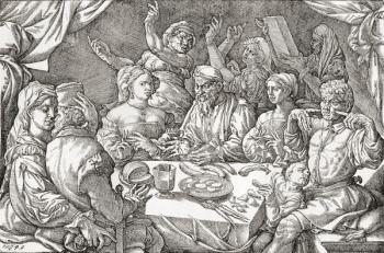 Coarse behaviour at the dining table during the Renaissance period. After a Spanish copper engraving from 1545. From Illustrierte Sittengeschichte vom Mittelalter bis zur Gegenwart by Eduard Fuchs, published 1909. | Obraz na stenu
