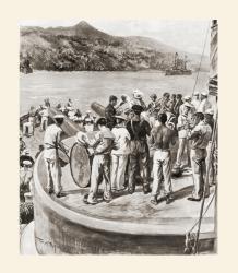 The band of the battleship Oregon, on the forward 13 inch gun turret, celebrating the surrender of the Cristobal Colon after the American victory at the naval Battle of Santiago de Cuba during the Spanish-American War of 1898. | Obraz na stenu
