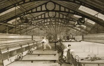 Cotton factory floor, showing workers mule spinning, engraved by James Tingle (fl.1830-60) c.1830 (litho) | Obraz na stenu