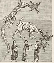 The serpent, or the dragon, and the behemoth, or the devil, after a miniature in a 12th century manuscript of the 'Commentary on the Apocolypse', from 'Science and Literature in the Middle Ages' by Paul Lacroix, 1878 (litho) | Obraz na stenu